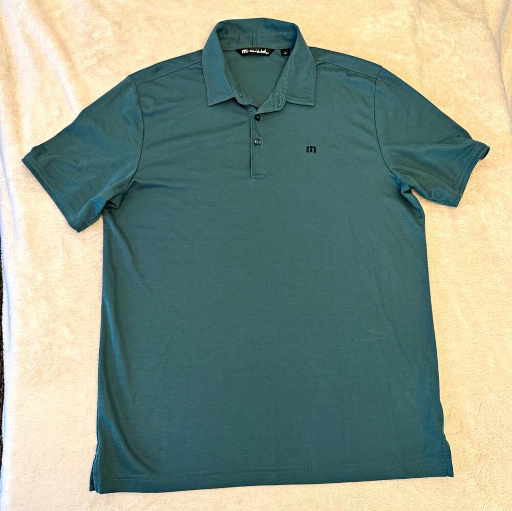 TravisMathew Polo Shirt Men L Blue Solid Short Sleeve Collared Button Logo